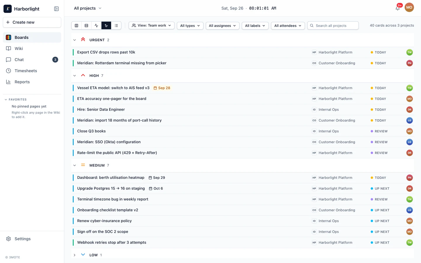 The Priority layout: in-flight tasks and tickets grouped under Urgent, High and Medium, each row showing the project, status and assignee, with Low collapsed at the bottom.