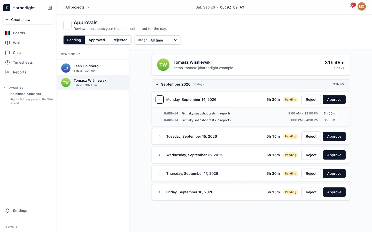The Approval page on its Pending tab, with one person selected and one of their days expanded to show the entries behind the total.