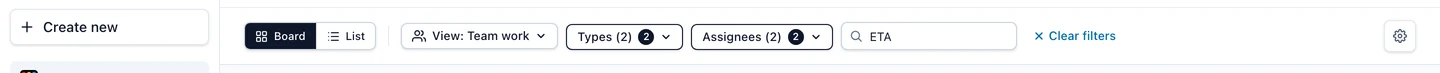 A project board header with the View, Types and Assignees filters and a search query active, and the Clear filters button beside the summary.