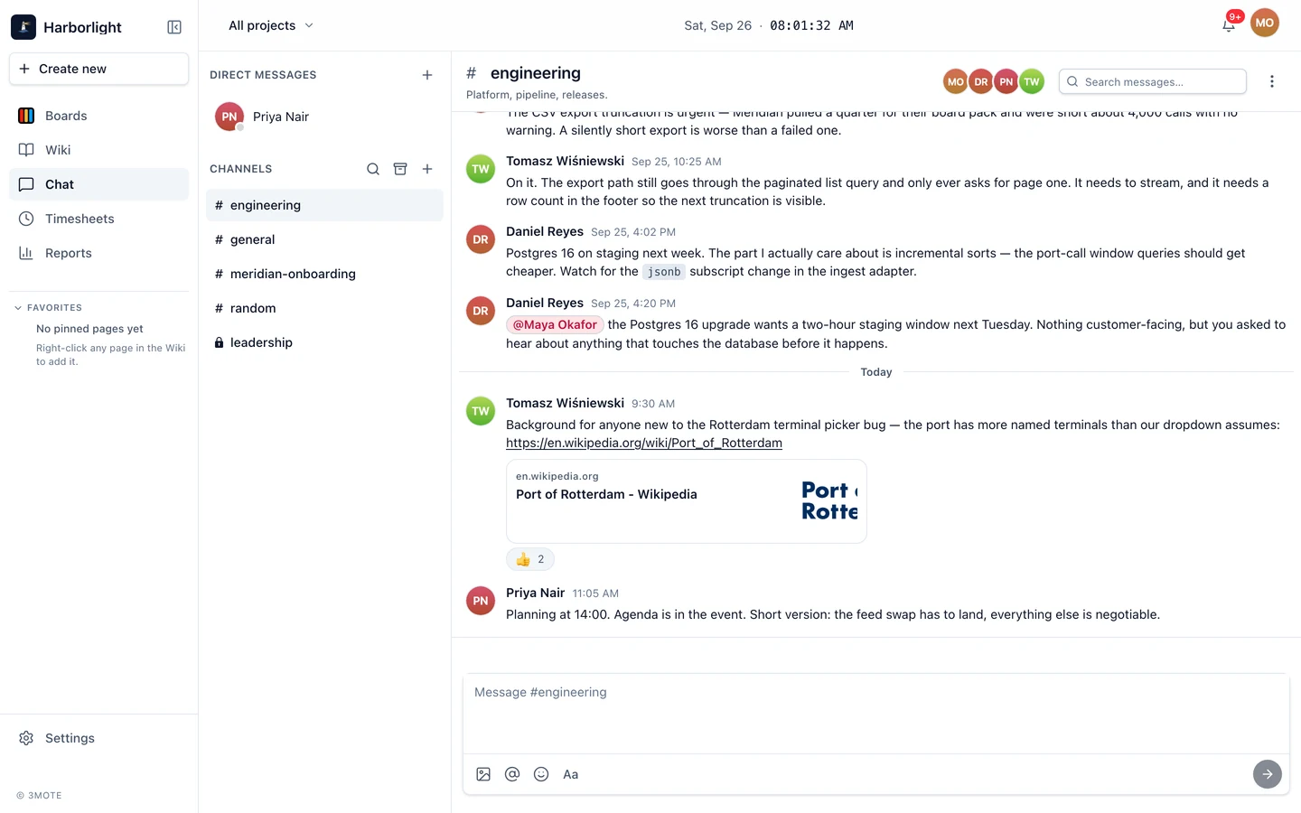 A channel open in Chat, with the sidebar beside it showing the Direct Messages and Channels groups, an unread badge and a presence dot.