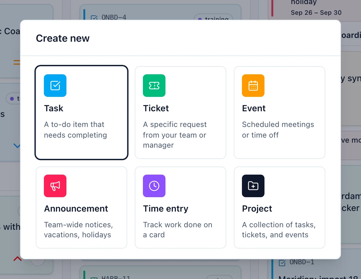 The Create new picker, with a tile for each thing you can create from anywhere.