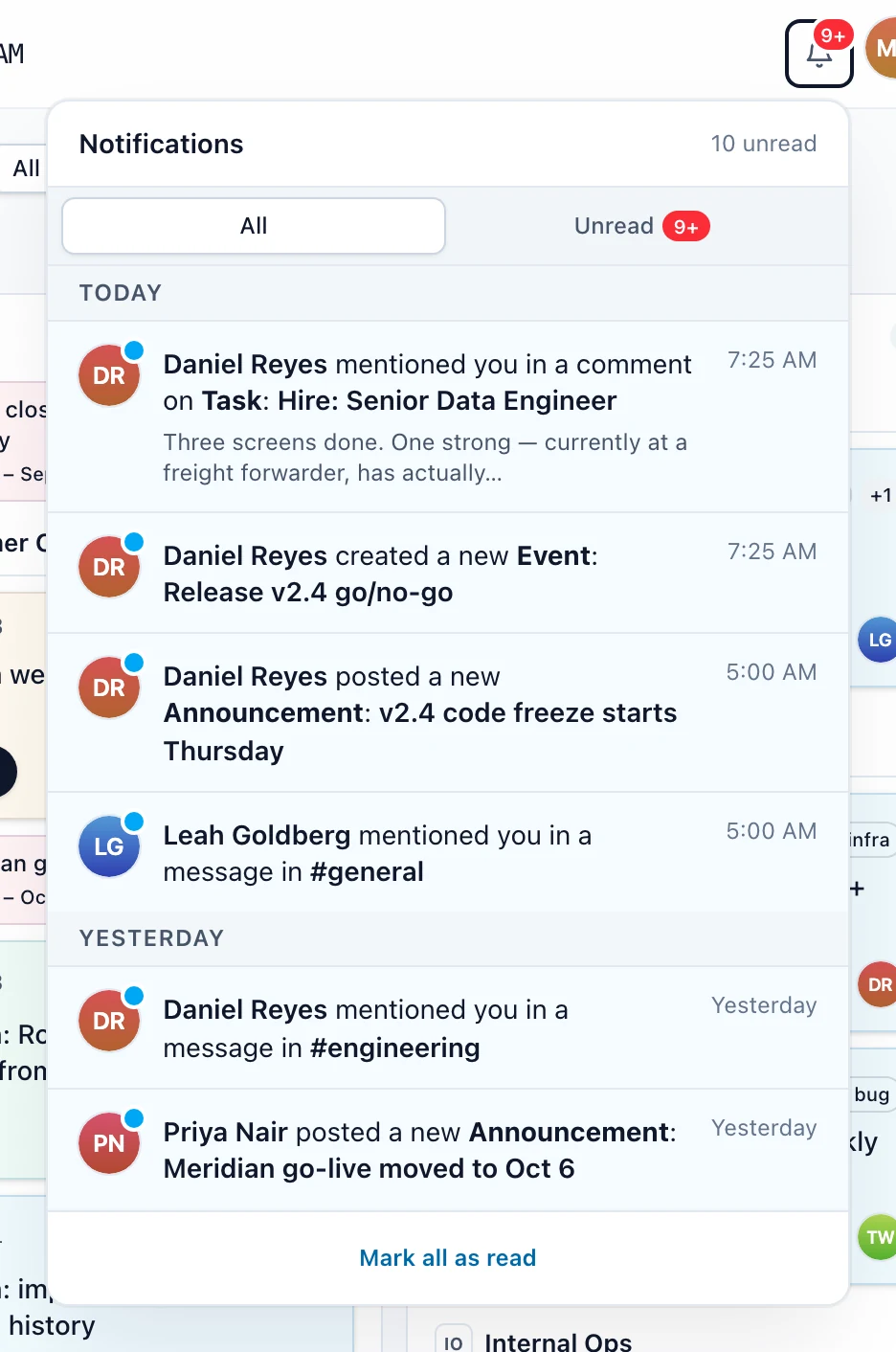 The notifications tray open, with the All and Unread tabs, notifications grouped by date, and Mark all as read in the footer.