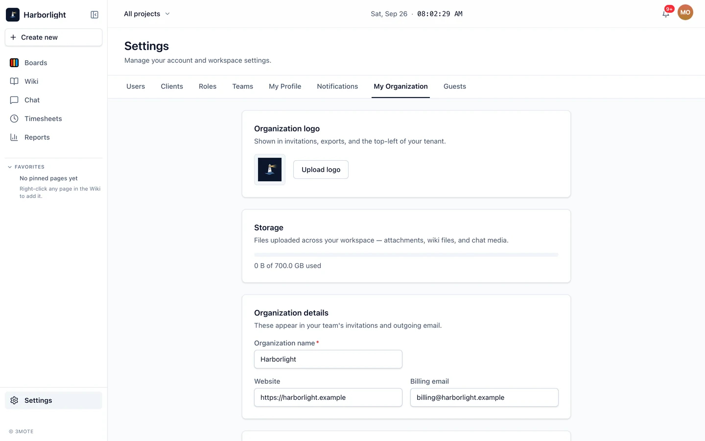 The My Organization tab in Settings: the Organization logo card, the Storage meter showing how much of the workspace's storage is in use, and the Organization details form.