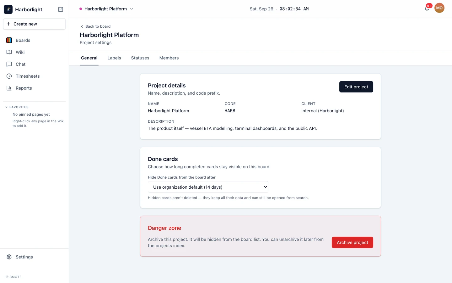 Project settings on its General tab, with the project details card and the danger zone below it.