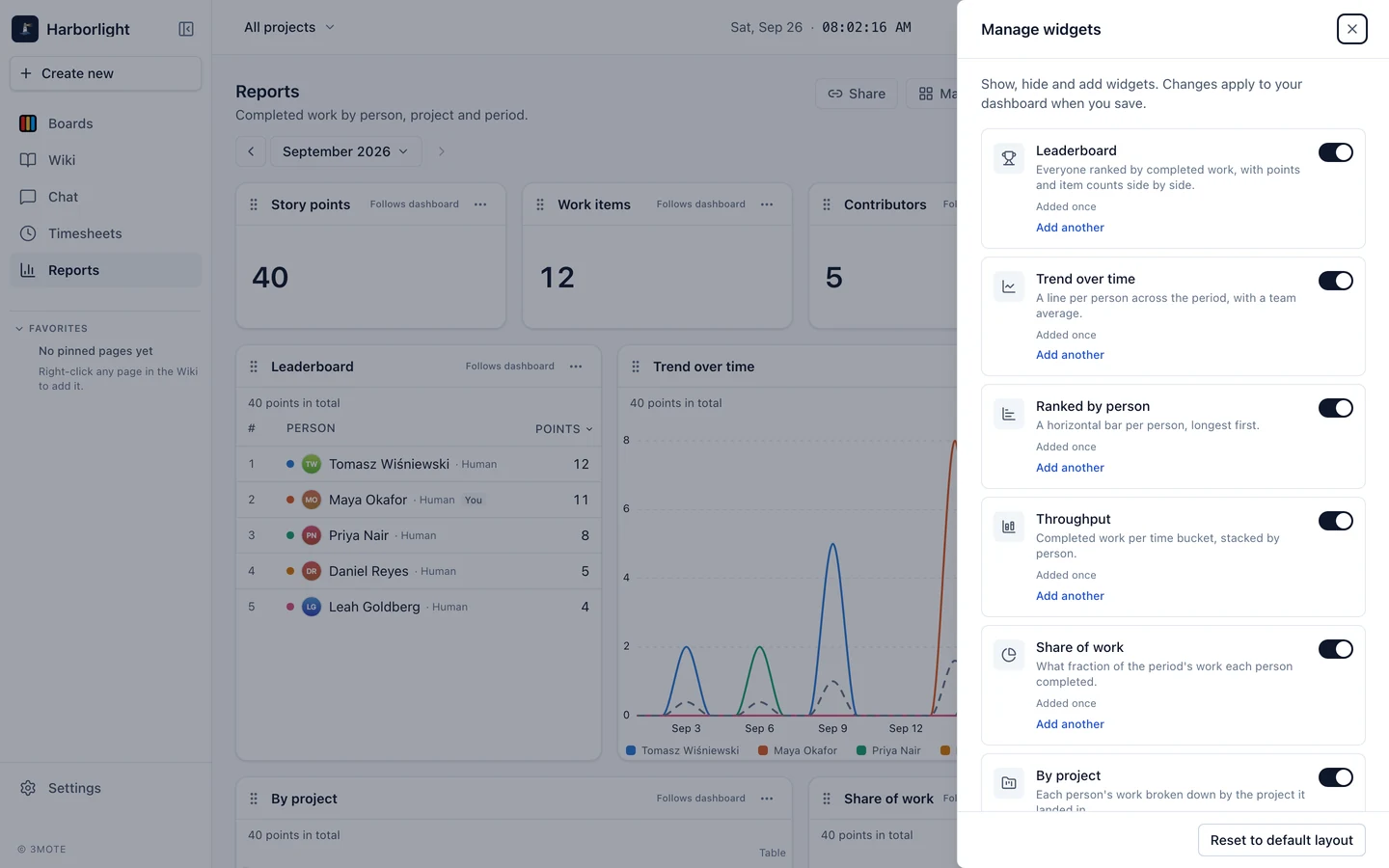 The Manage widgets panel, listing every widget type with a switch beside it.