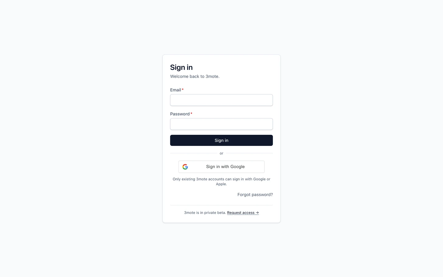 The sign-in page with the Email and Password fields, and the Continue with Google and Continue with Apple buttons below them.