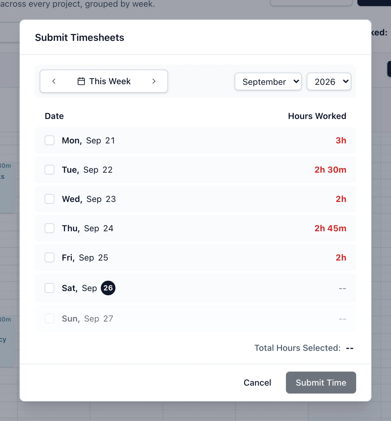 The Submit Timesheets dialog, listing a week of days with their Hours Worked, one short day shown in red, and Total Hours Selected below.