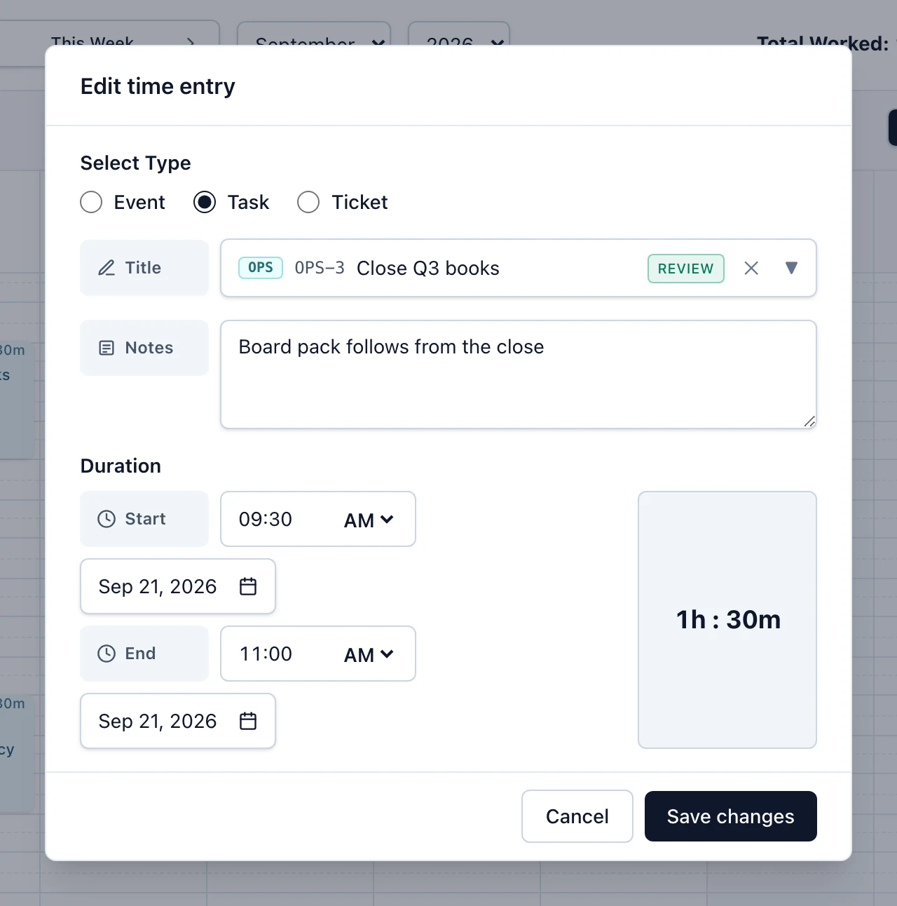 The Log time entry dialog with Select Type, Title, Notes and the duration fields filled in.