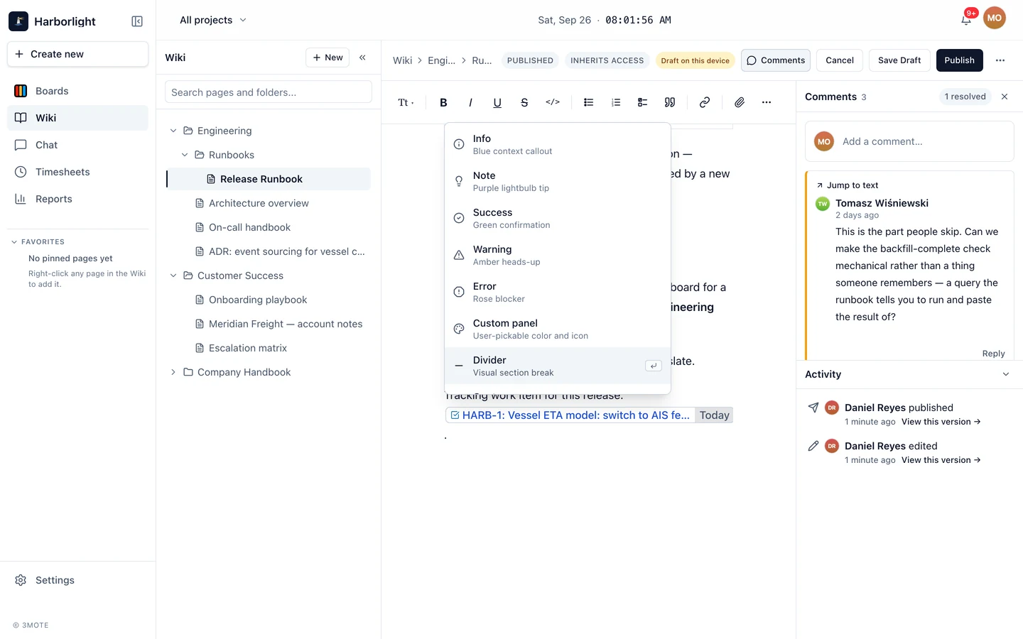 A wiki page in edit mode, with the state pill beside the title, the Cancel, Save Draft and Publish controls in the header, and the slash menu open in the body.