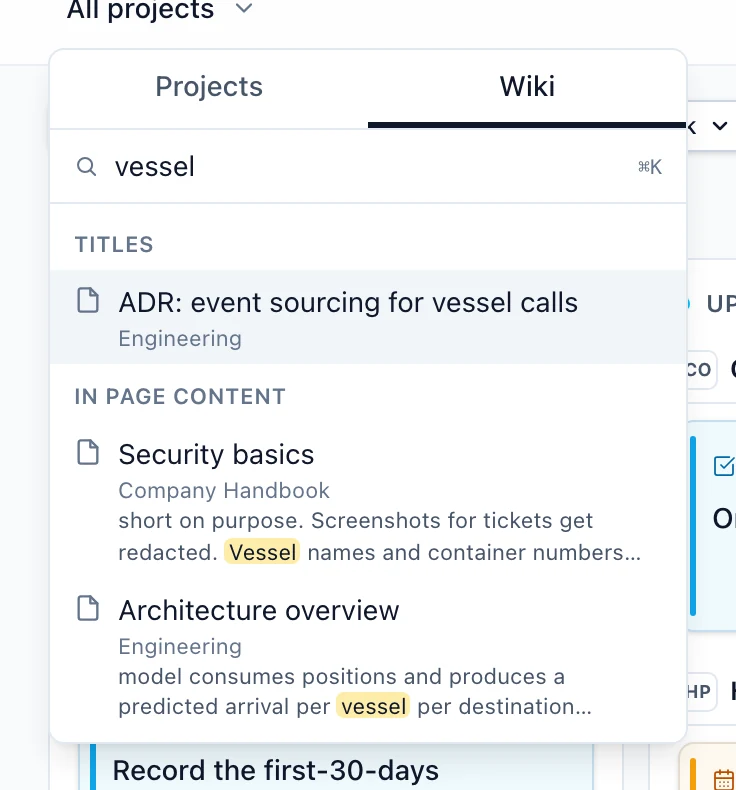 The command palette on its Wiki tab, with title matches above content matches and the matched words highlighted in each snippet.