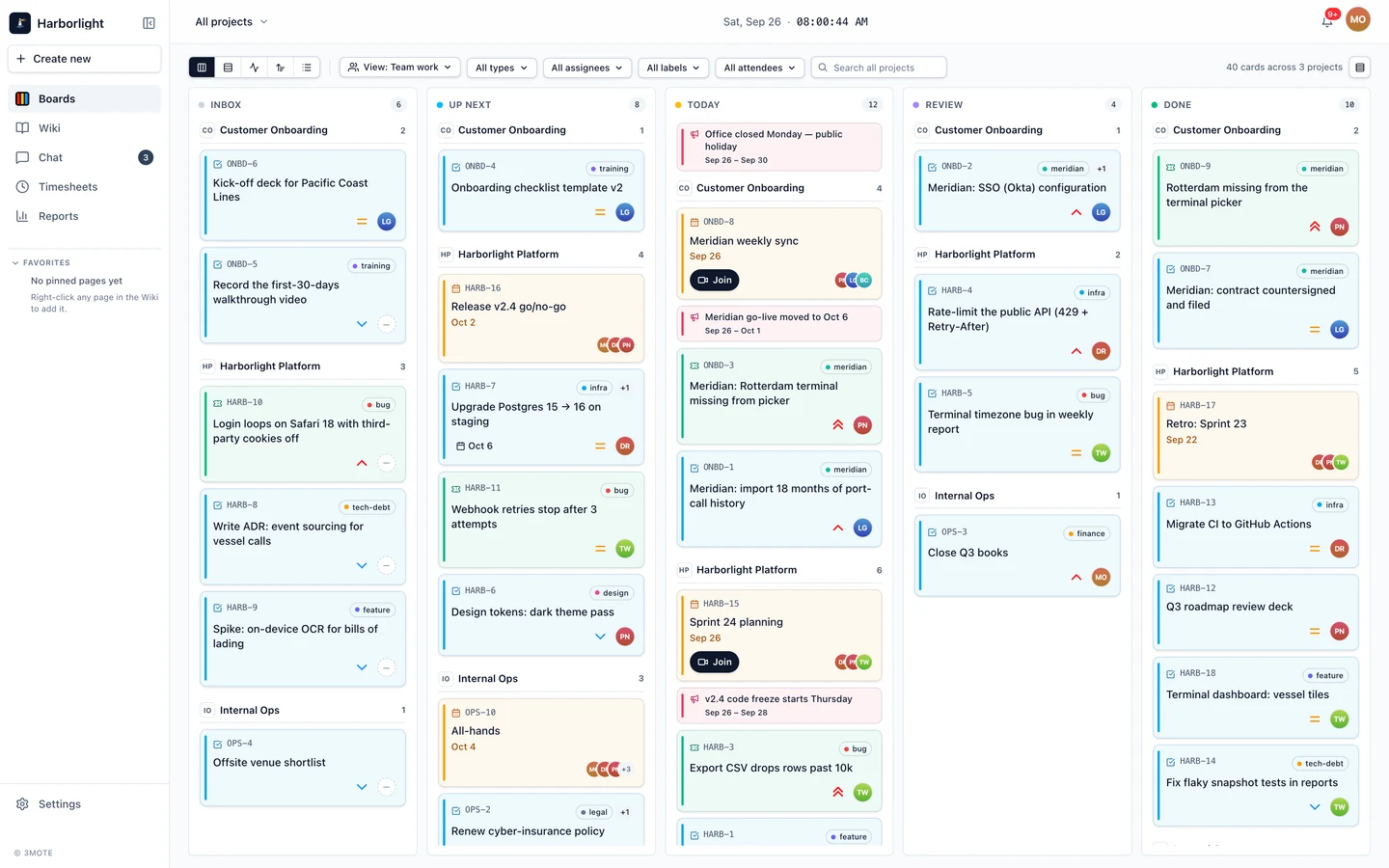 The 3mote master board: cards from every project grouped by column across Inbox, Up Next, Today, Review and Done