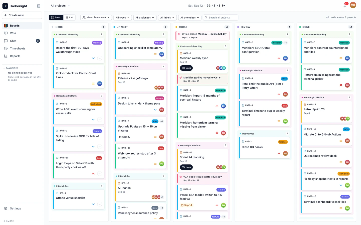 The 3mote master board: cards from every project grouped by column across Inbox, Up Next, Today, Review and Done