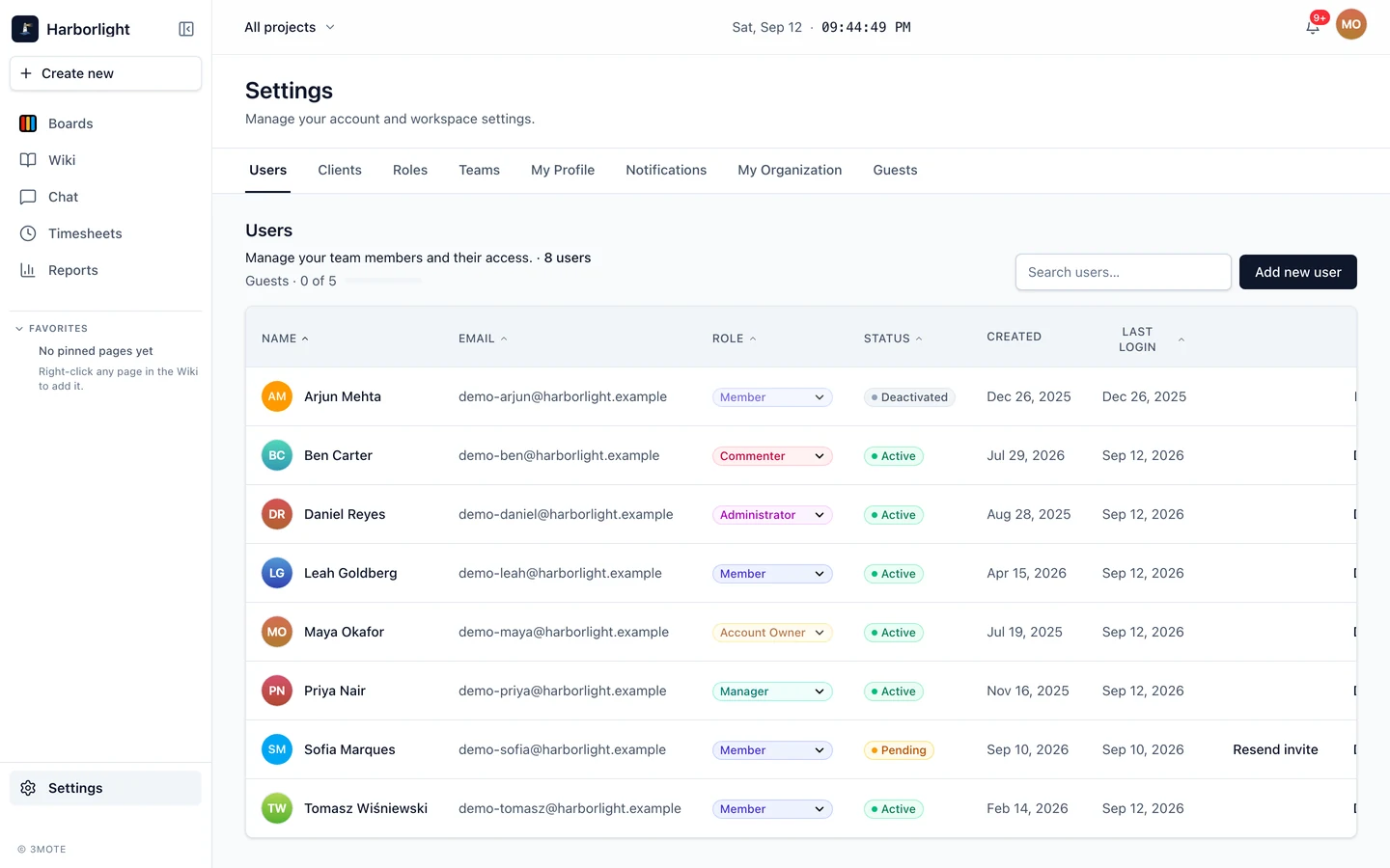 The user management table in 3mote workspace settings