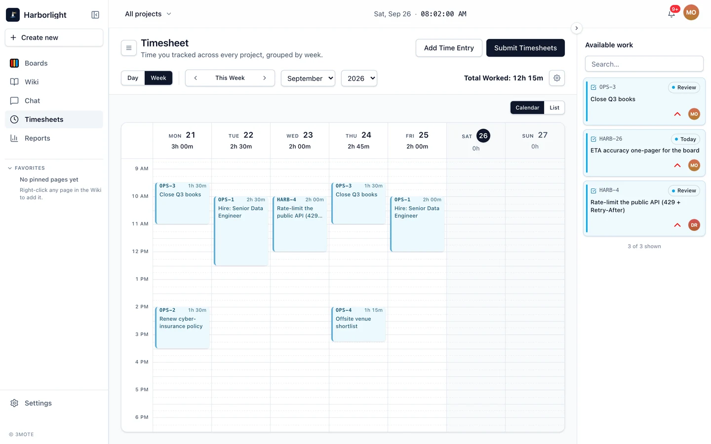 A weekly timesheet in 3mote with time entries grouped by day