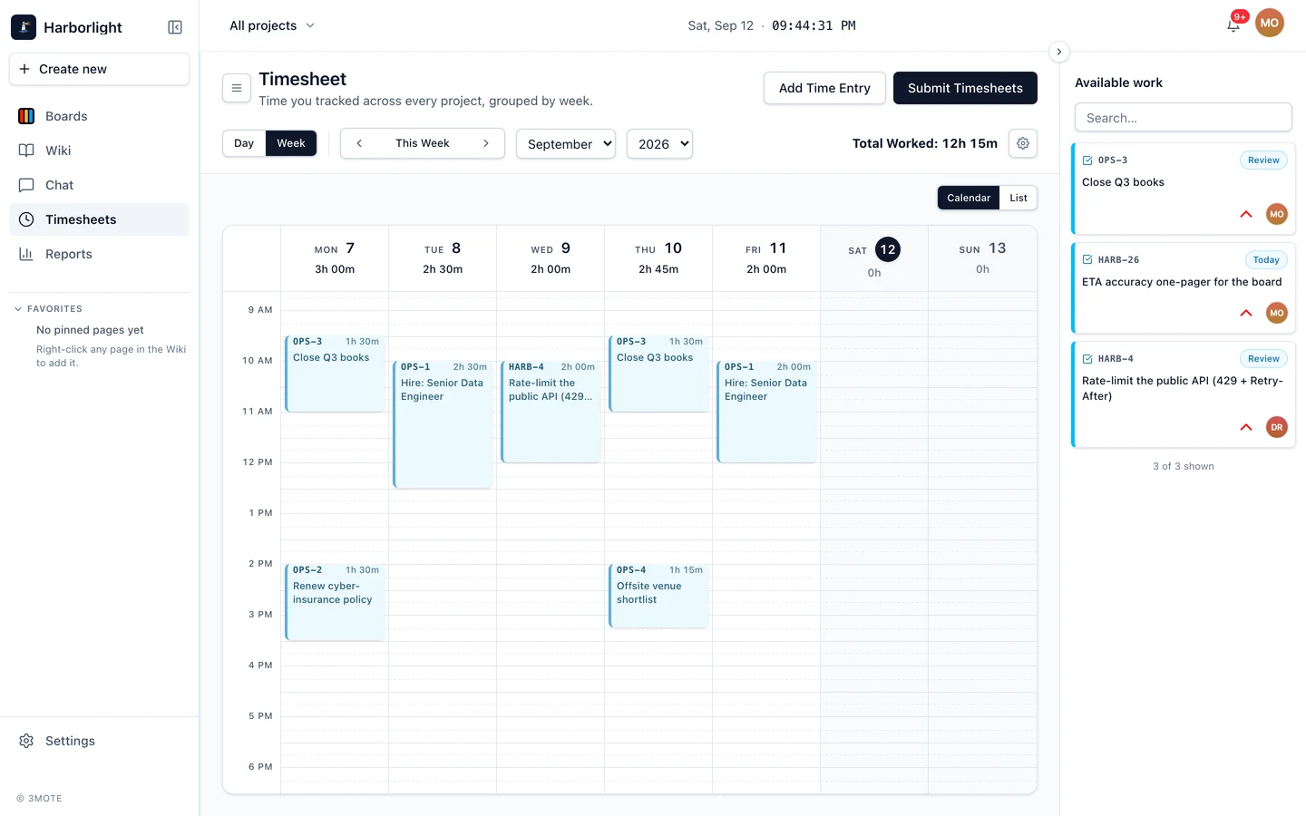 A weekly timesheet in 3mote with time entries grouped by day